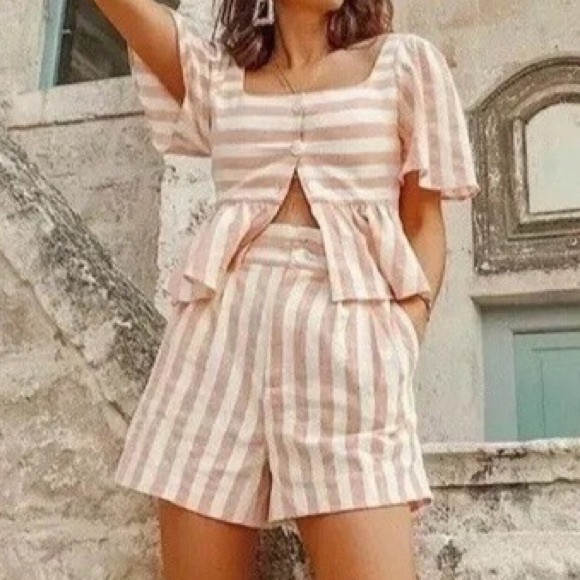 Zara Tops - Zara Pink and White Linen Striped Crop Top with Fringe and matching shorts